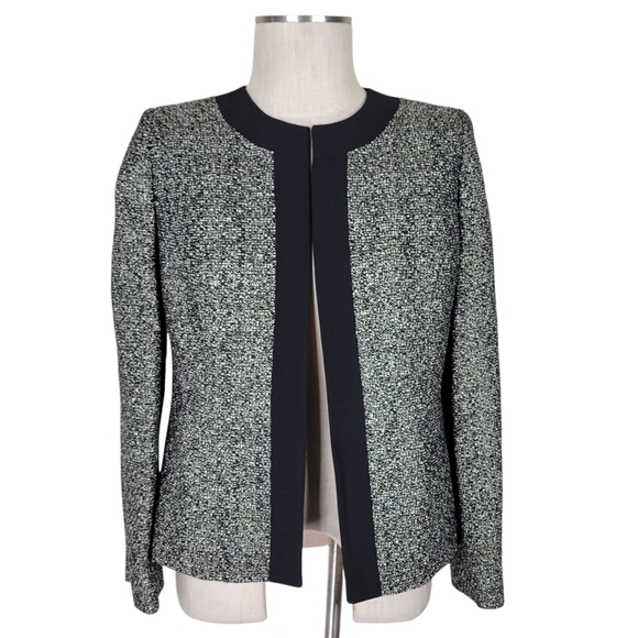 Kasper Separates Boucle Blazer Size 6P Black White Gold Black Trim Open Front - Picture 1 of 9